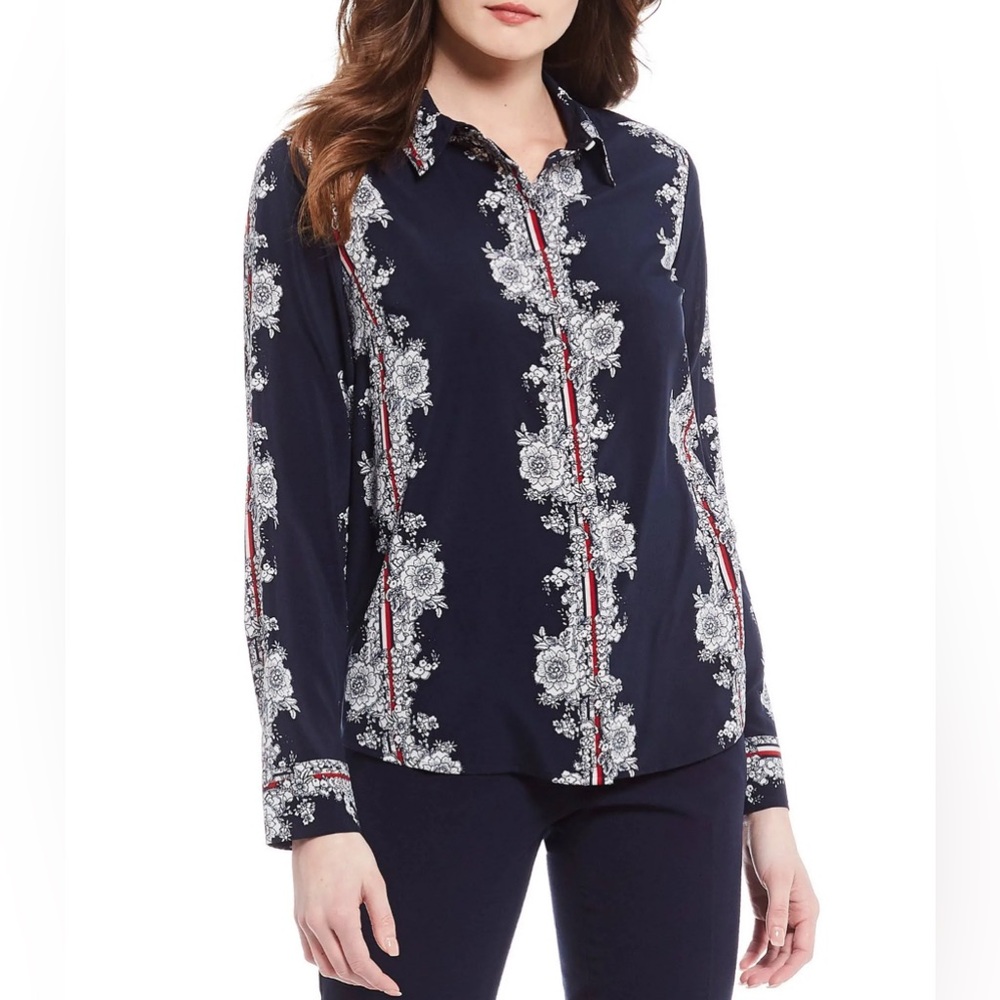 Tommy Hilfiger Women's Stripe Contrast Button Up Tunic Shirt Navy‎ Blue Size L